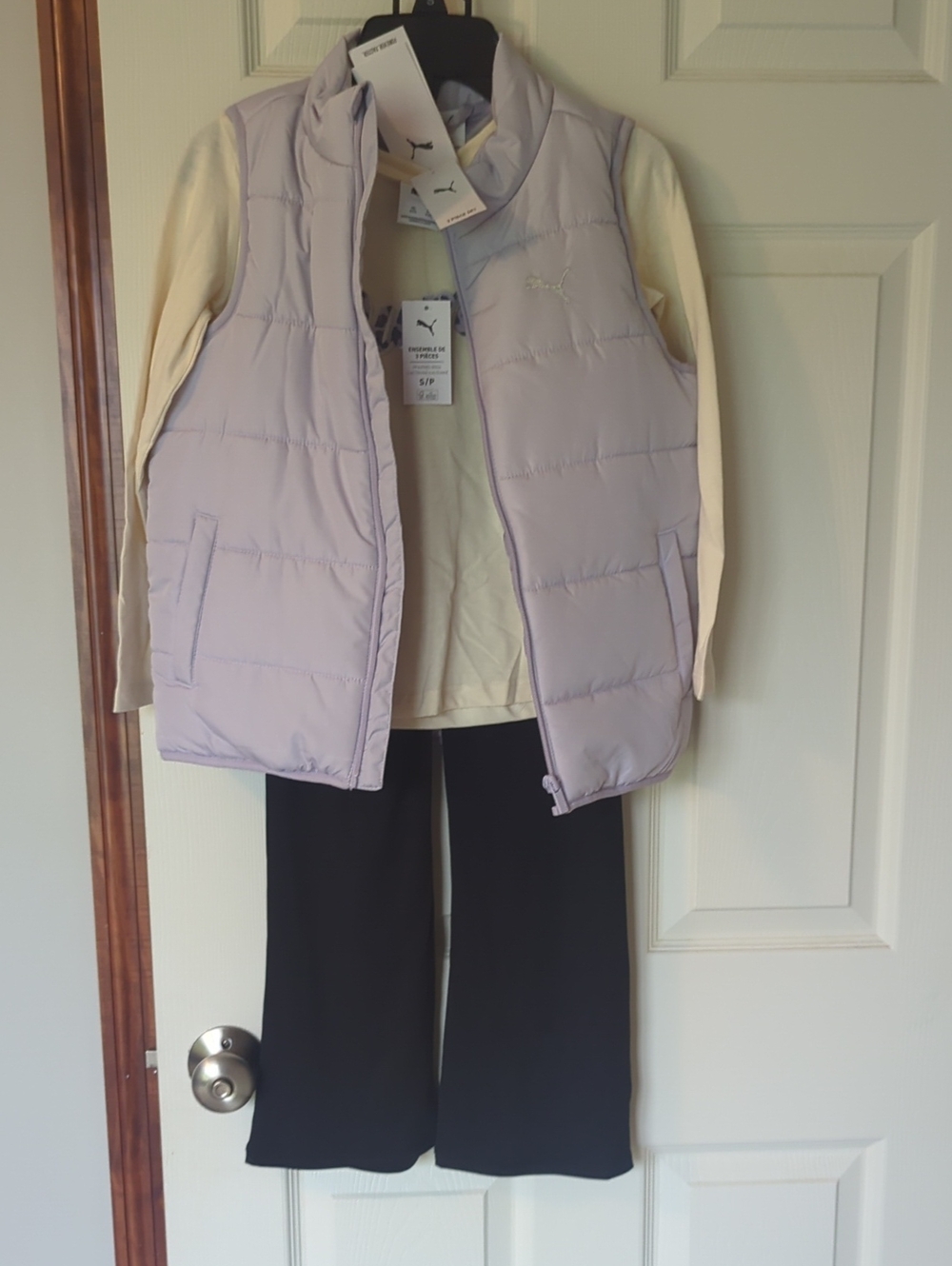 Puma Lavender Quilted Vest Set with Cream Top and Black Wide-Leg Pants